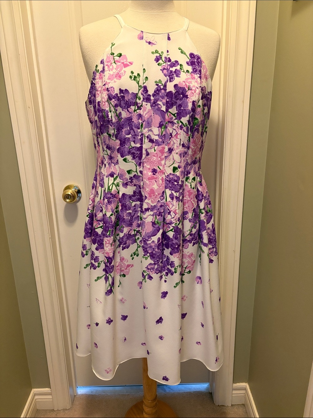 Adrianna Papell White Floral Midi Dress with Purple & Pink Blooms
